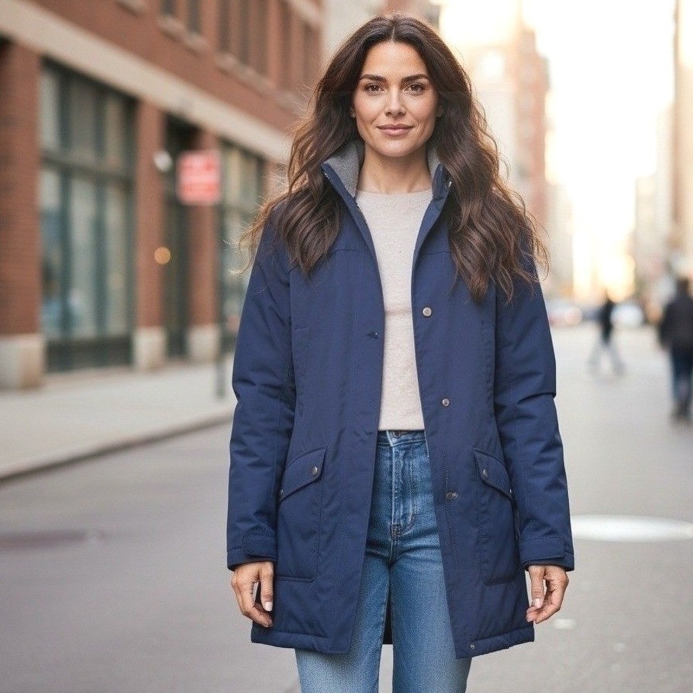 Lands End Women's Navy Blue Insulated Parka, Fleece Coat, Detachable Hood, Large